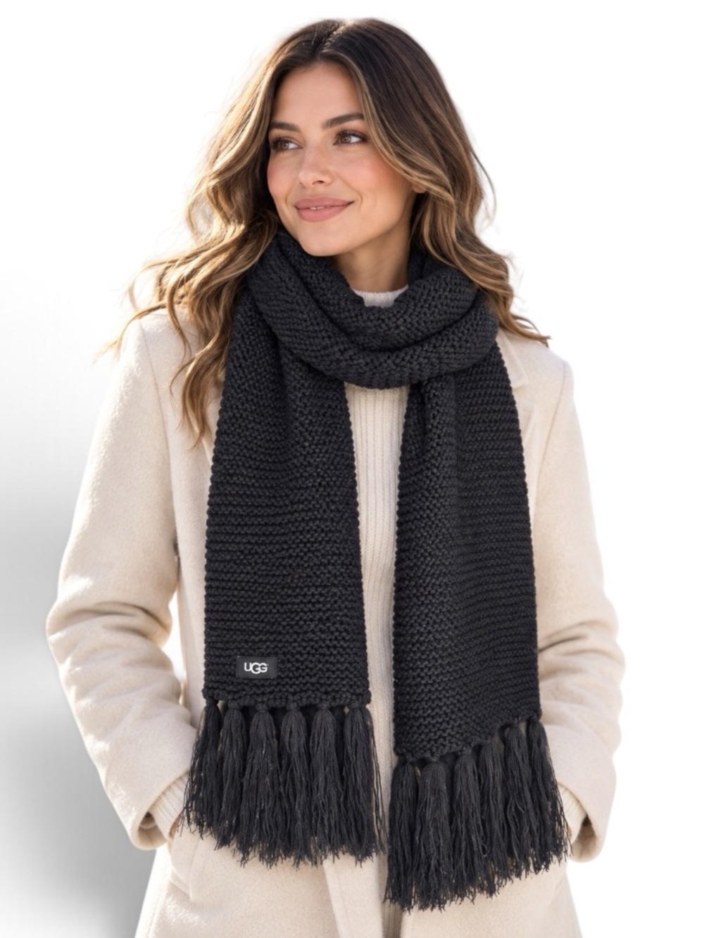 UGG Women’s Chunky Knit Wool Blend Scarf Wrap with Fringe Trim NWT Black